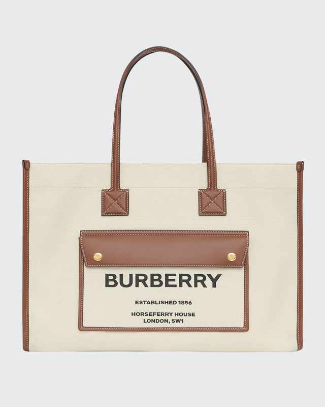 Smooth Leather & Canvas Pocket East-West Tote Bag
